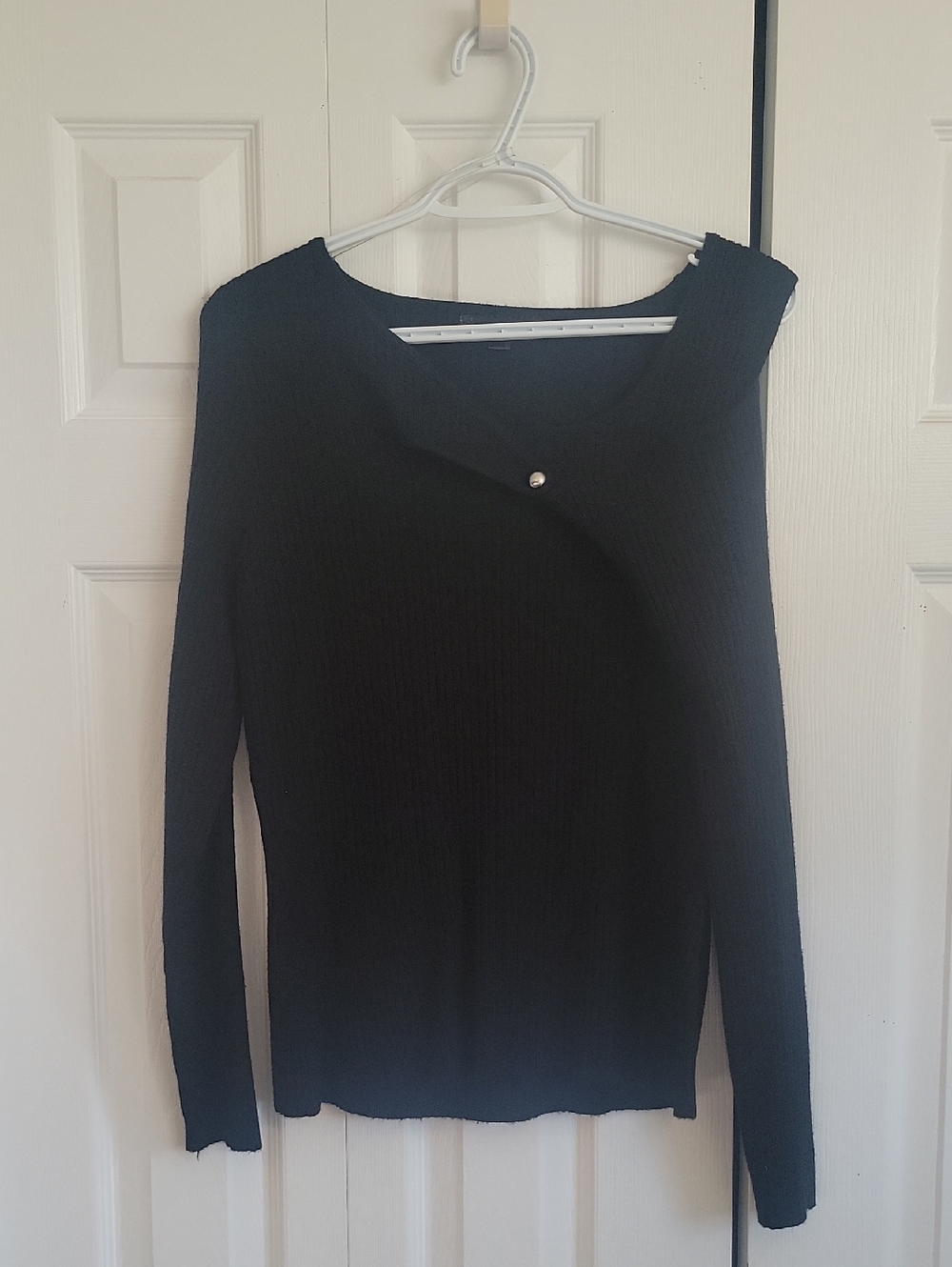 Black Asymmetric Button Ribbed Knit Sweater